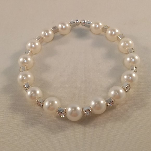 Kristy's Jewels Jewelry - Silver White Pearl Bead Crystal Simulated Diamond Bracelet Party Gift